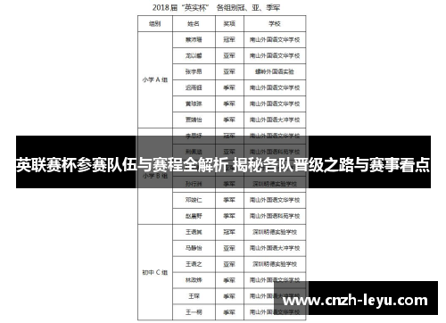 英联赛杯参赛队伍与赛程全解析 揭秘各队晋级之路与赛事看点