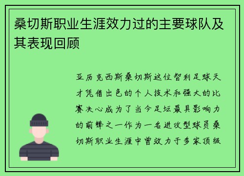 桑切斯职业生涯效力过的主要球队及其表现回顾
