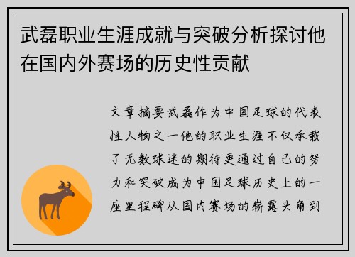 武磊职业生涯成就与突破分析探讨他在国内外赛场的历史性贡献