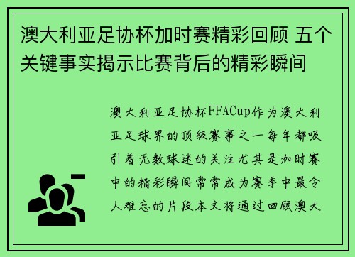 澳大利亚足协杯加时赛精彩回顾 五个关键事实揭示比赛背后的精彩瞬间
